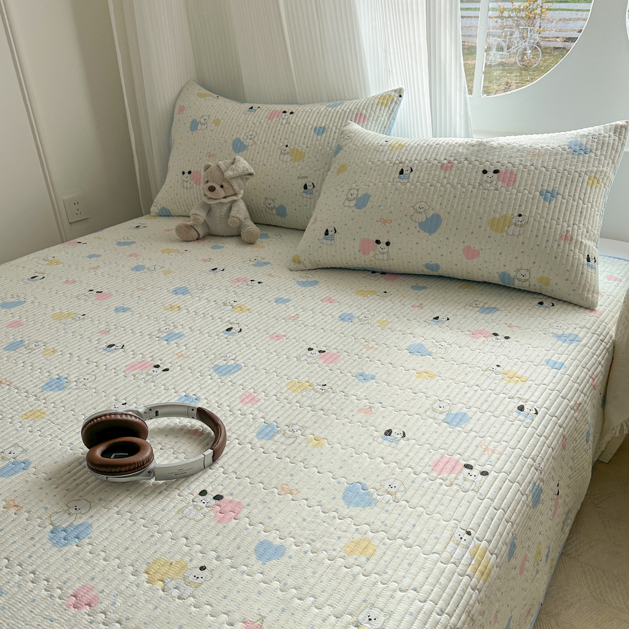 91家纺网 家纺一手货源 找家纺 KA家纺 2026春夏新款全棉印花小清新床盖三件套 第二波 心心狗