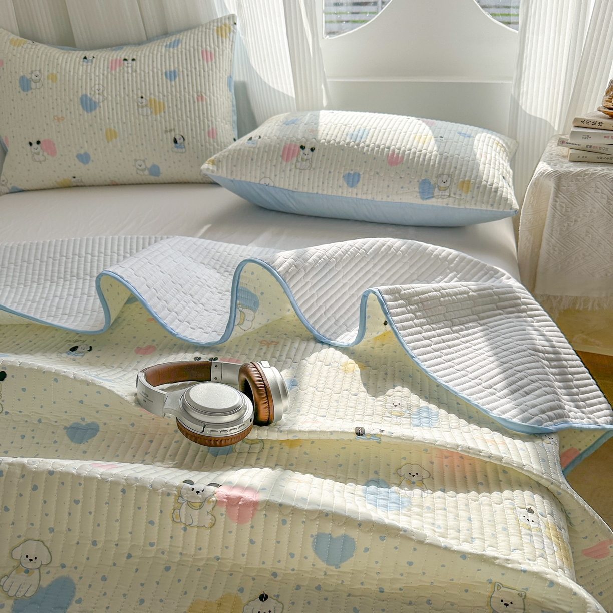 91家纺网 家纺一手货源 找家纺 KA家纺 2026春夏新款全棉印花小清新床盖三件套 第二波 心心狗