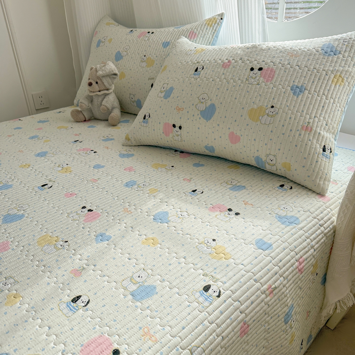 91家纺网 家纺一手货源 找家纺 KA家纺 2026春夏新款全棉印花小清新床盖三件套 第二波 心心狗