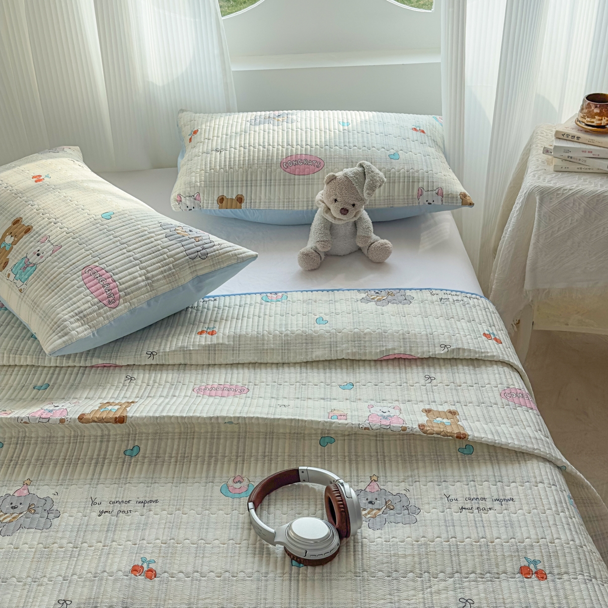 91家纺网 家纺一手货源 找家纺 KA家纺 2026春夏新款全棉印花小清新床盖三件套 第二波 樱桃熊仔