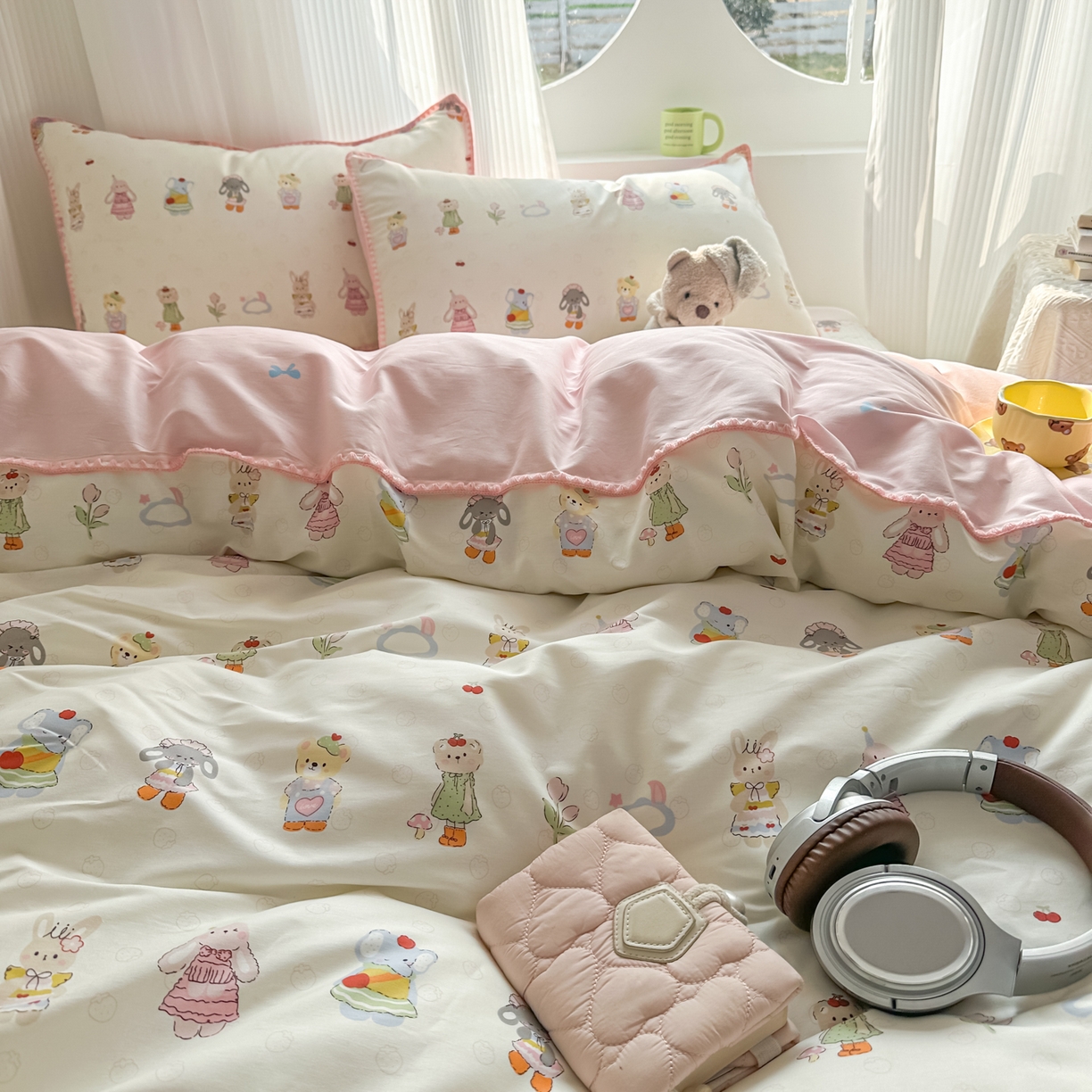 91家纺网 家纺一手货源 找家纺 KA家纺 2026春夏新款全棉纯棉床盖款卡通印花贝壳边四件套 彼得小兔