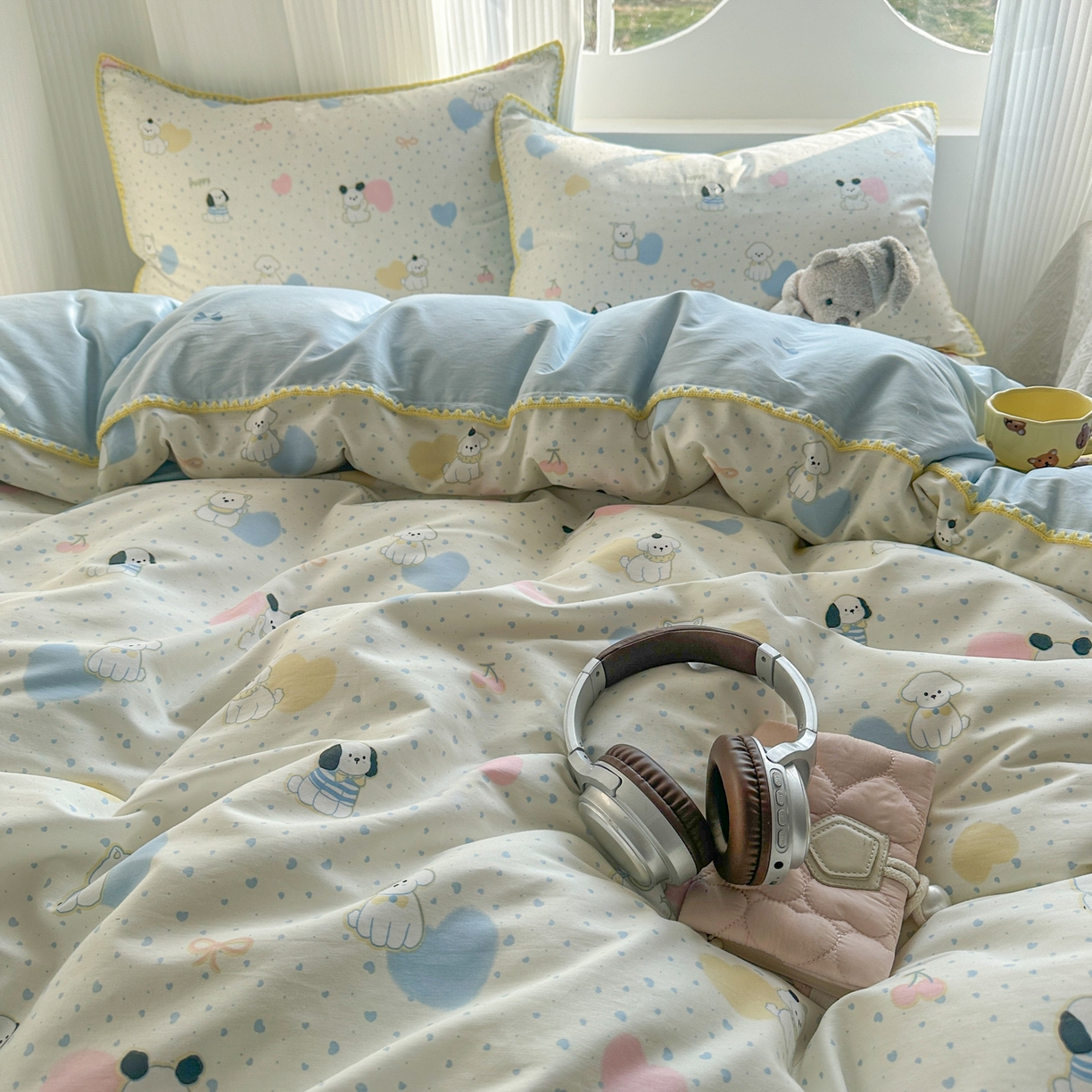 91家纺网 家纺一手货源 找家纺 KA家纺 2026春夏新款全棉纯棉床盖款卡通印花贝壳边四件套 心心狗