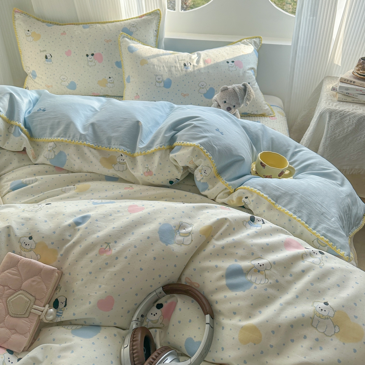 91家纺网 家纺一手货源 找家纺 KA家纺 2026春夏新款全棉纯棉床盖款卡通印花贝壳边四件套 心心狗