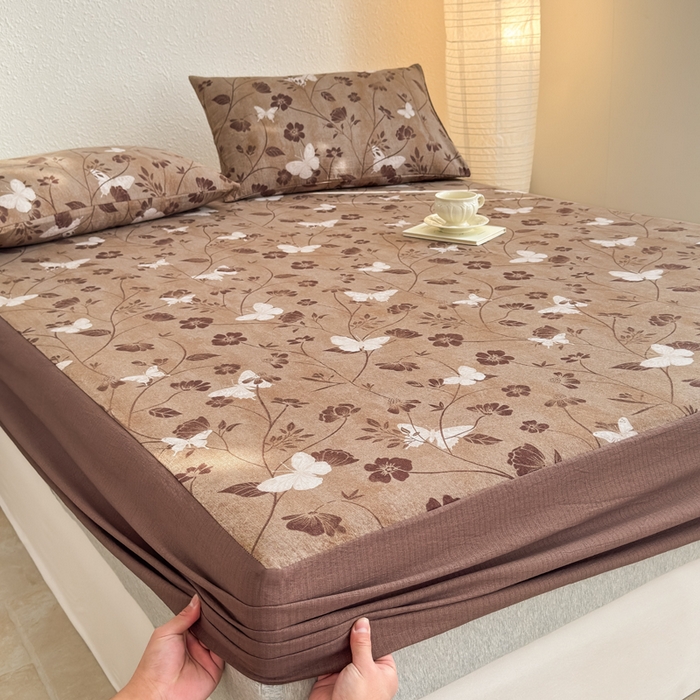 91家纺网 家纺一手货源 找家纺 三悦四季 2026新款A类亚麻皱皱纱床笠双层纱床笠三件套四季款 焦糖蝶舞