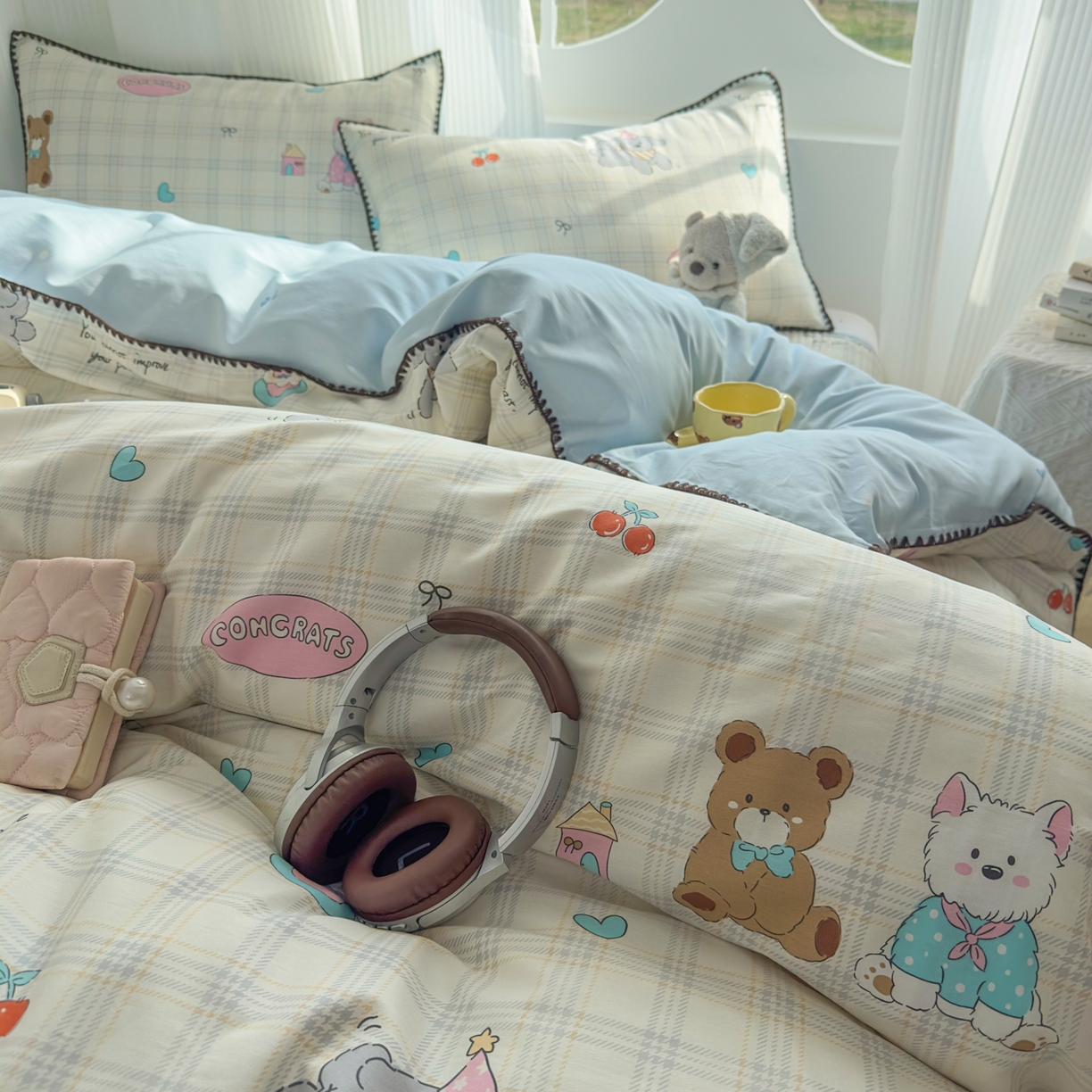 91家纺网 家纺一手货源 找家纺 KA家纺 2026春夏新款全棉纯棉床盖款卡通印花贝壳边四件套 樱桃熊仔