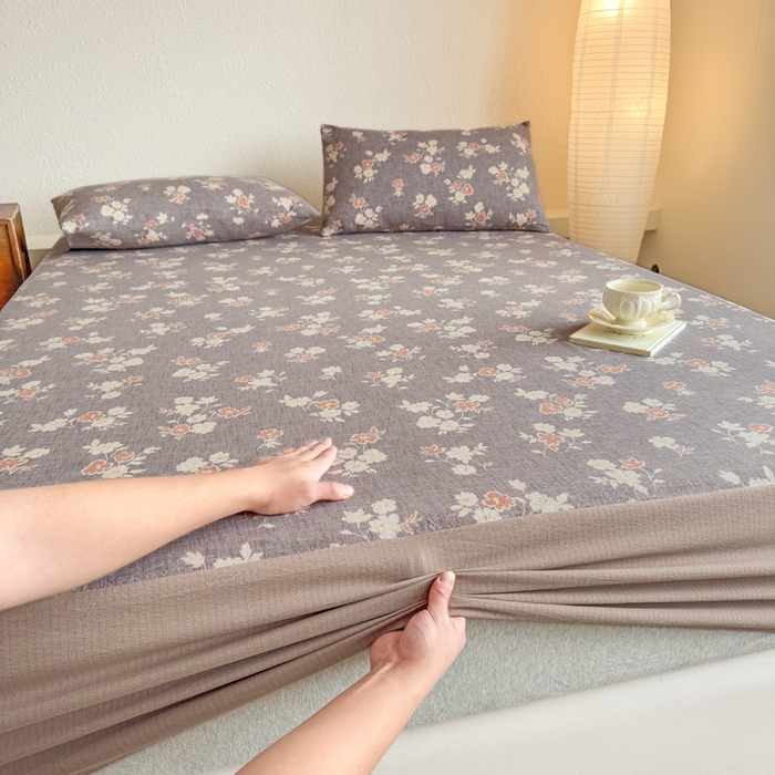 91家纺网 家纺一手货源 找家纺 三悦四季 2026新款A类亚麻皱皱纱床笠双层纱床笠三件套四季款 旧巷花影