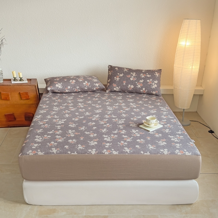 91家纺网 家纺一手货源 找家纺 三悦四季 2026新款A类亚麻皱皱纱床笠双层纱床笠三件套四季款 旧巷花影