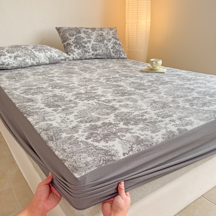 91家纺网 家纺一手货源 找家纺 三悦四季 2026新款A类亚麻皱皱纱床笠双层纱床笠三件套四季款 林间絮语