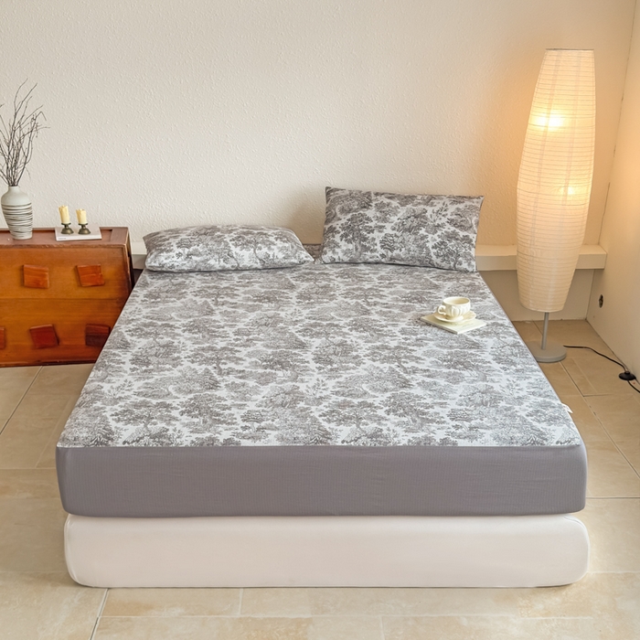 91家纺网 家纺一手货源 找家纺 三悦四季 2026新款A类亚麻皱皱纱床笠双层纱床笠三件套四季款 林间絮语