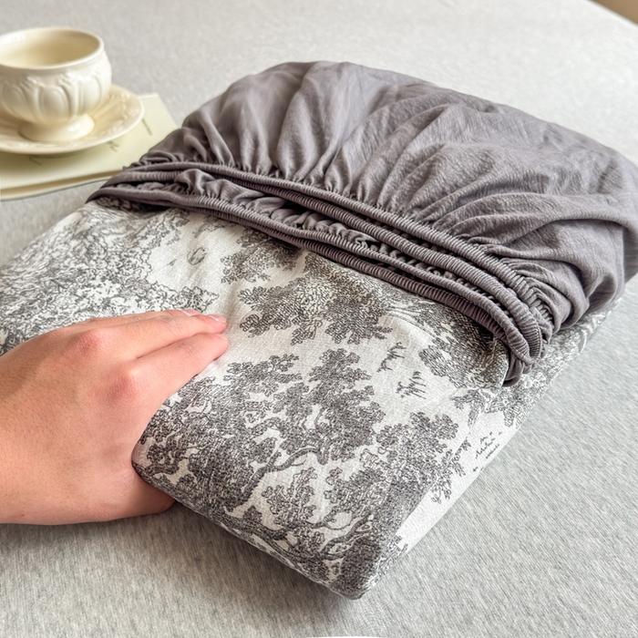 91家纺网 家纺一手货源 找家纺 三悦四季 2026新款A类亚麻皱皱纱床笠双层纱床笠三件套四季款 林间絮语