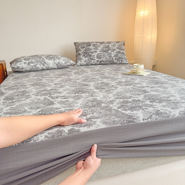 91家纺网 家纺一手货源 找家纺 三悦四季 2026新款A类亚麻皱皱纱床笠双层纱床笠三件套四季款 林间絮语