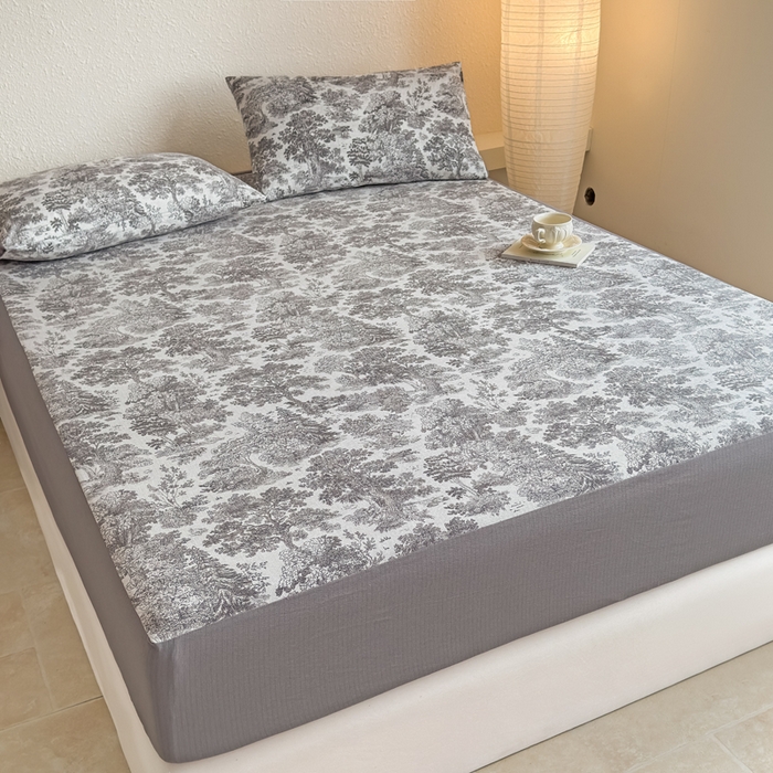 91家纺网 家纺一手货源 找家纺 三悦四季 2026新款A类亚麻皱皱纱床笠双层纱床笠三件套四季款 林间絮语