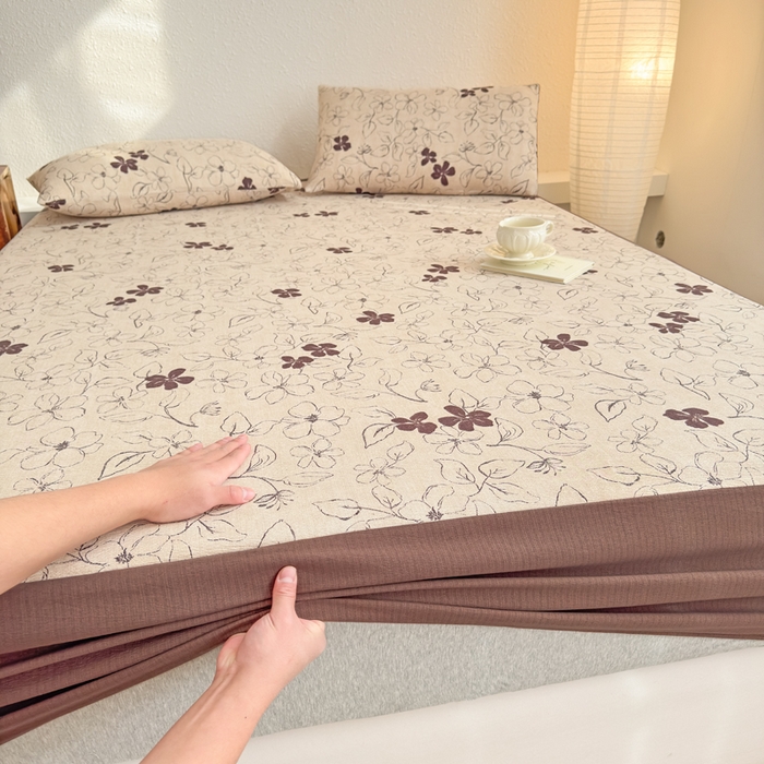 91家纺网 家纺一手货源 找家纺 三悦四季 2026新款A类亚麻皱皱纱床笠双层纱床笠三件套四季款 墨花织影