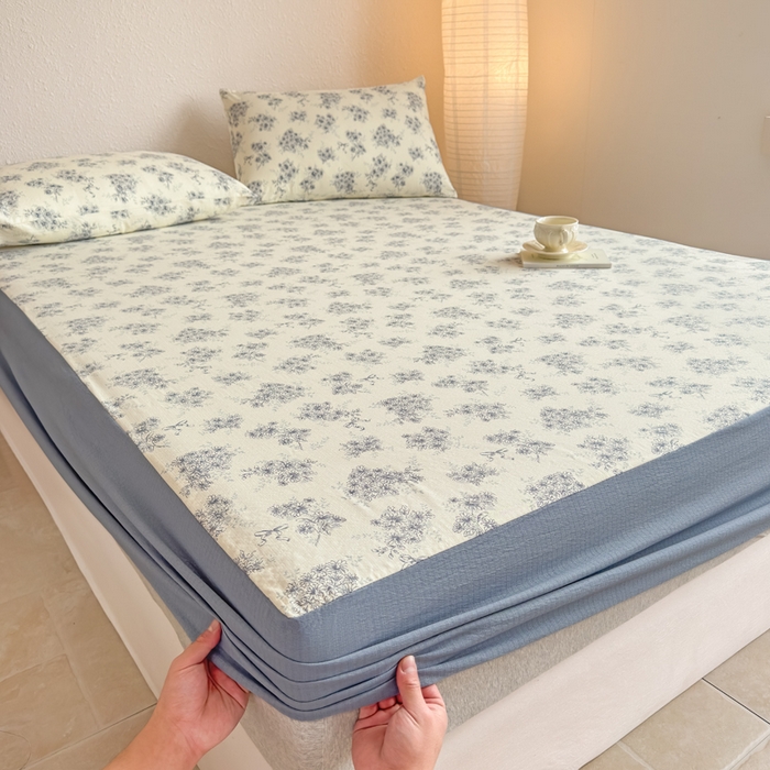 91家纺网 家纺一手货源 找家纺 三悦四季 2026新款A类亚麻皱皱纱床笠双层纱床笠三件套四季款 浅青花雾