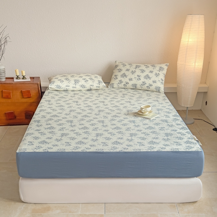 91家纺网 家纺一手货源 找家纺 三悦四季 2026新款A类亚麻皱皱纱床笠双层纱床笠三件套四季款 浅青花雾