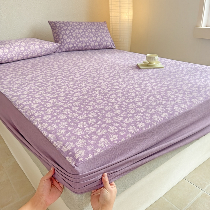 91家纺网 家纺一手货源 找家纺 三悦四季 2026新款A类亚麻皱皱纱床笠双层纱床笠三件套四季款 薰衣漫野