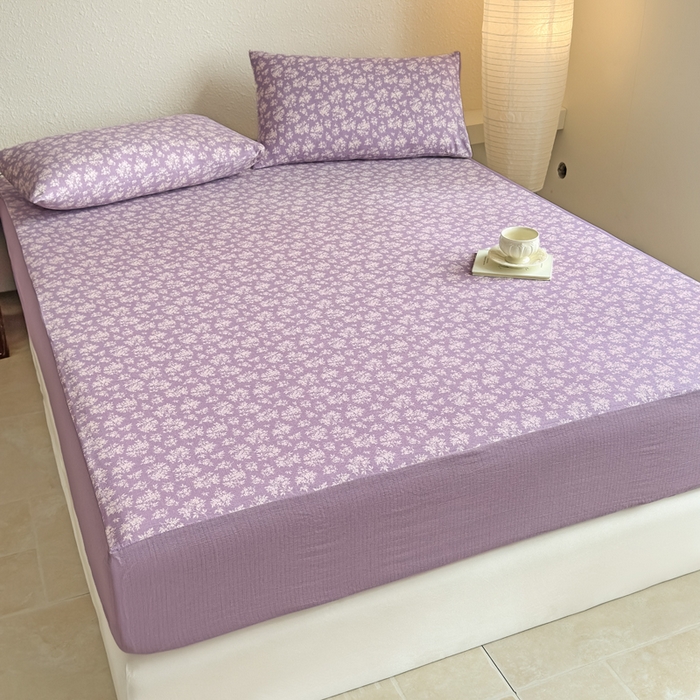 91家纺网 家纺一手货源 找家纺 三悦四季 2026新款A类亚麻皱皱纱床笠双层纱床笠三件套四季款 薰衣漫野