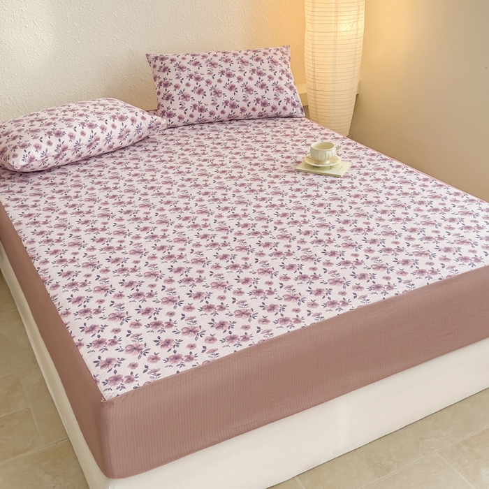 91家纺网 家纺一手货源 找家纺 三悦四季 2026新款A类亚麻皱皱纱床笠双层纱床笠三件套四季款 芋泥繁花