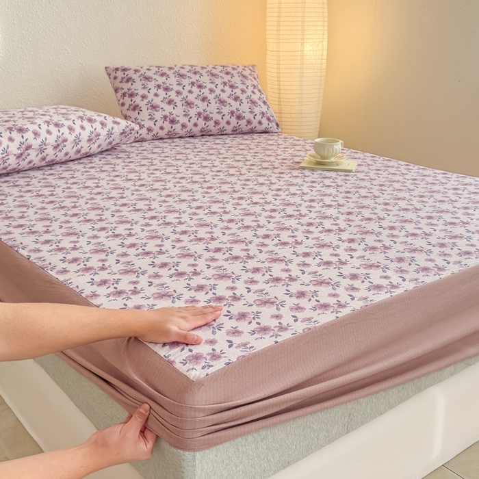 91家纺网 家纺一手货源 找家纺 三悦四季 2026新款A类亚麻皱皱纱床笠双层纱床笠三件套四季款 芋泥繁花