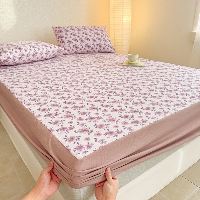 91家纺网 家纺一手货源 找家纺 三悦四季 2026新款A类亚麻皱皱纱床笠双层纱床笠三件套四季款 芋泥繁花