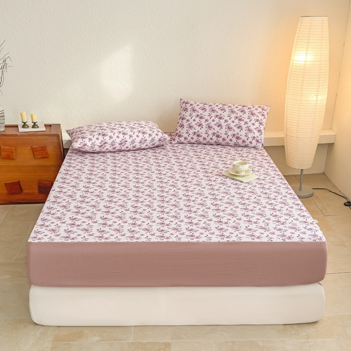 91家纺网 家纺一手货源 找家纺 三悦四季 2026新款A类亚麻皱皱纱床笠双层纱床笠三件套四季款 芋泥繁花