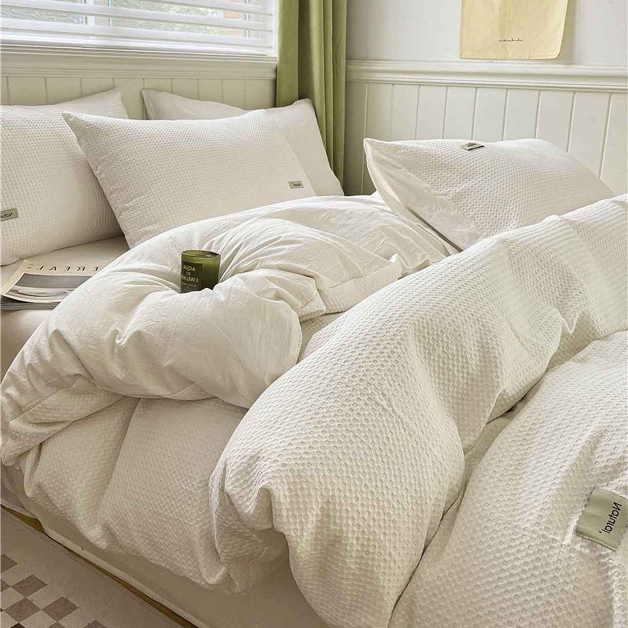 91家纺网 家纺一手货源 找家纺 琪格格纺织 2026新款纯棉纯棉色织肌理纹提花华夫格纯棉轻奢简约款四件套 华夫格-本白