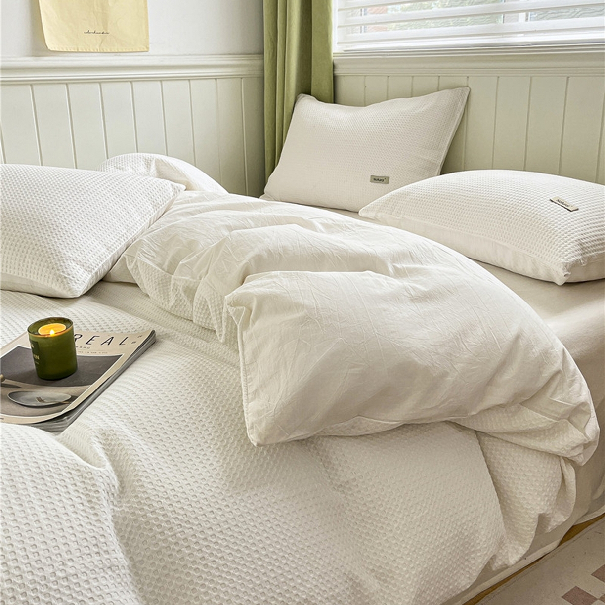 琪格格纺织 2026新款纯棉纯棉色织肌理纹提花华夫格纯棉轻奢简约款四件套 华夫格-本白