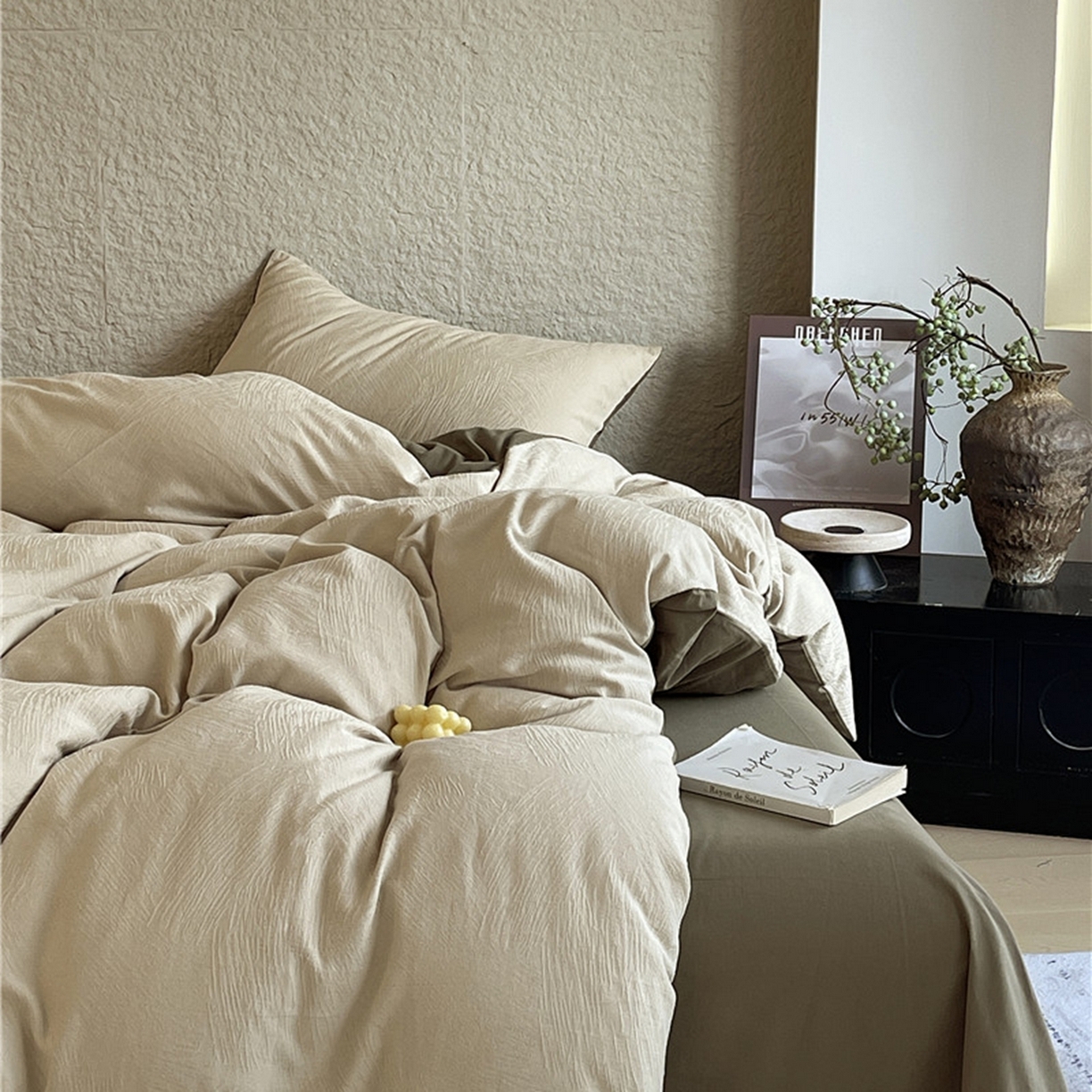 91家纺网 家纺一手货源 找家纺 琪格格纺织 2026新款纯棉纯棉色织肌理纹提花华夫格纯棉轻奢简约款四件套 星岛-可可棕