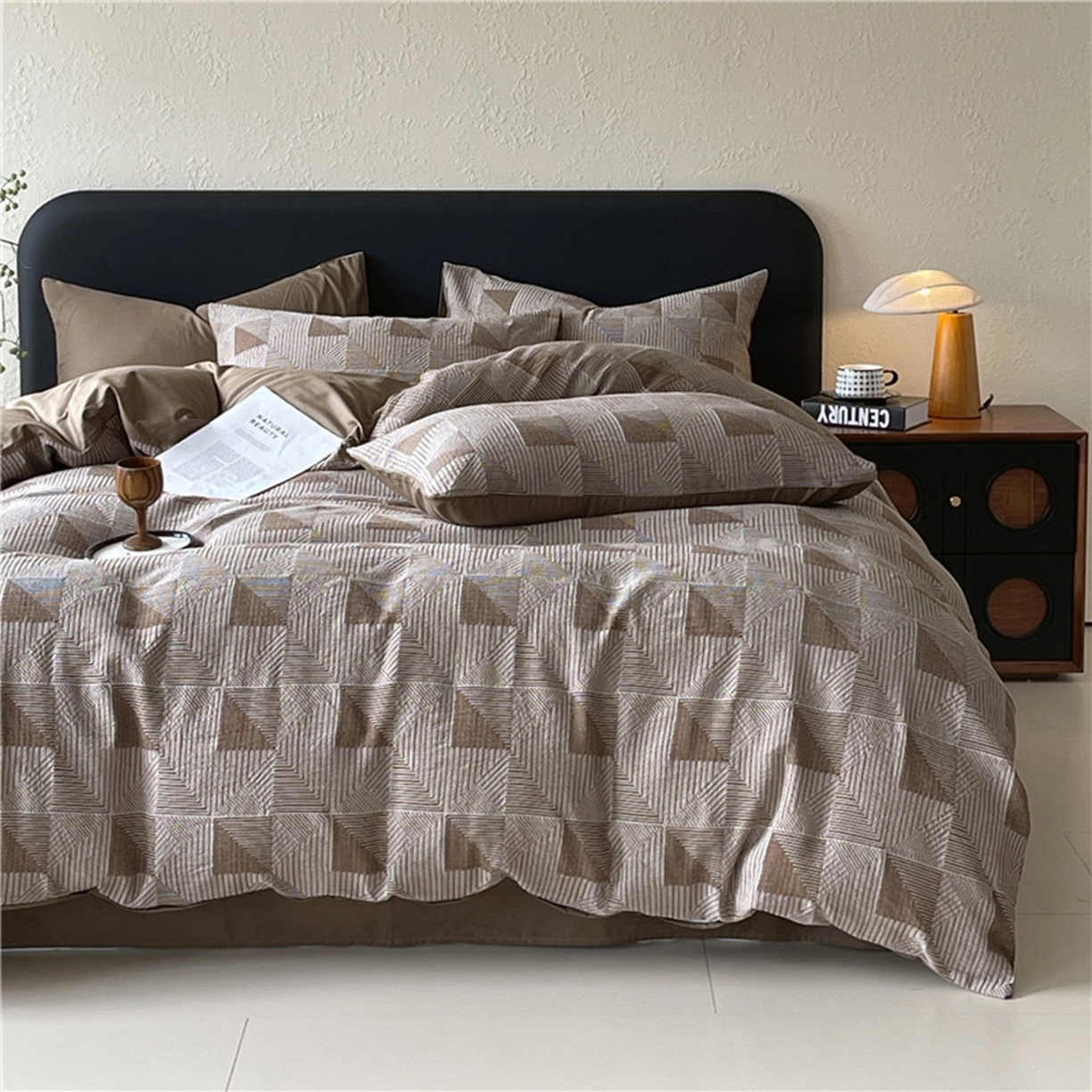 91家纺网 家纺一手货源 找家纺 琪格格纺织 2026新款纯棉纯棉色织肌理纹提花华夫格纯棉轻奢简约款四件套 柏林-雪茄棕