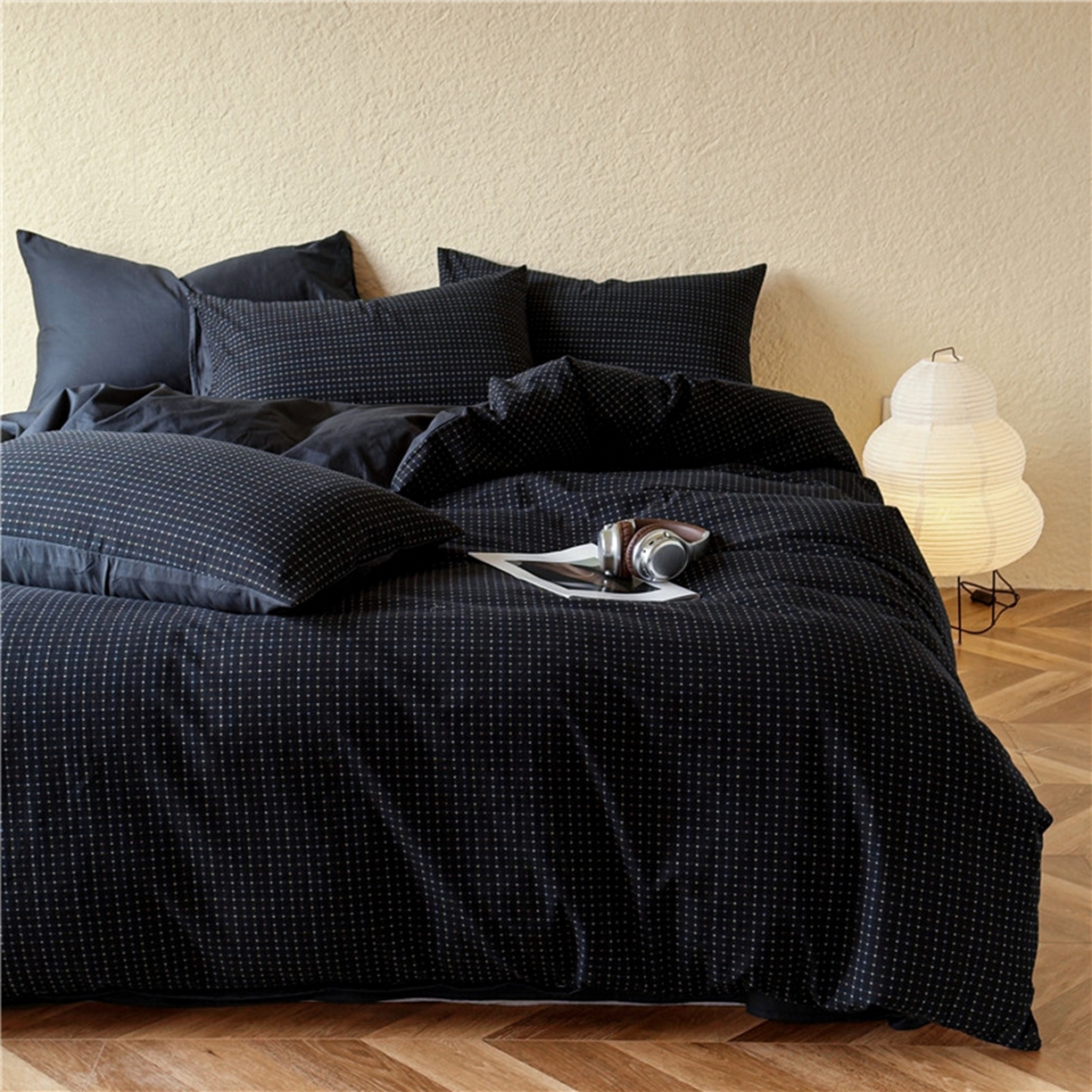 91家纺网 家纺一手货源 找家纺 琪格格纺织 2026新款纯棉纯棉色织肌理纹提花华夫格纯棉轻奢简约款四件套 时光里-高级蓝黑