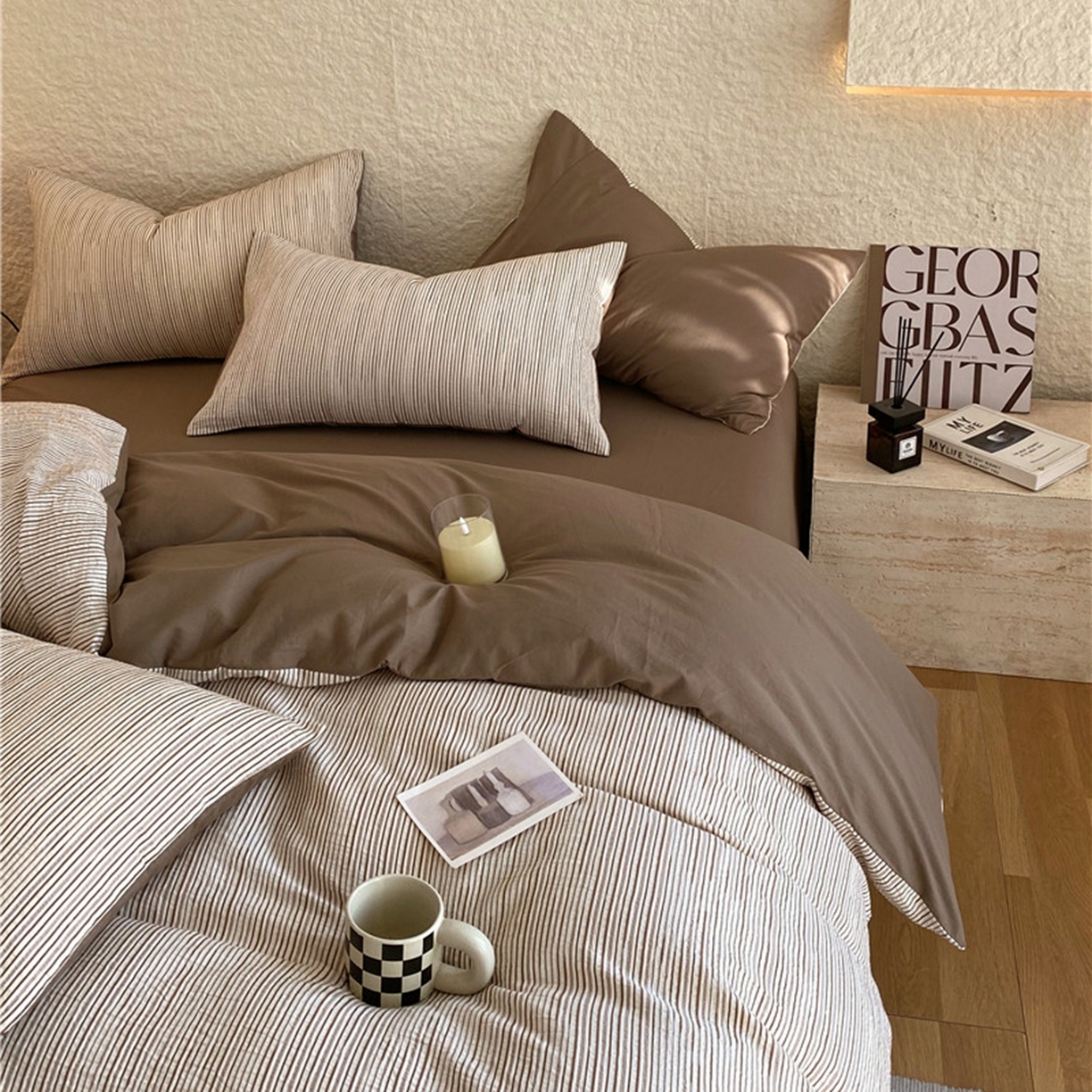 91家纺网 家纺一手货源 找家纺 琪格格纺织 2026新款纯棉纯棉色织肌理纹提花华夫格纯棉轻奢简约款四件套 A速写 提花棕条