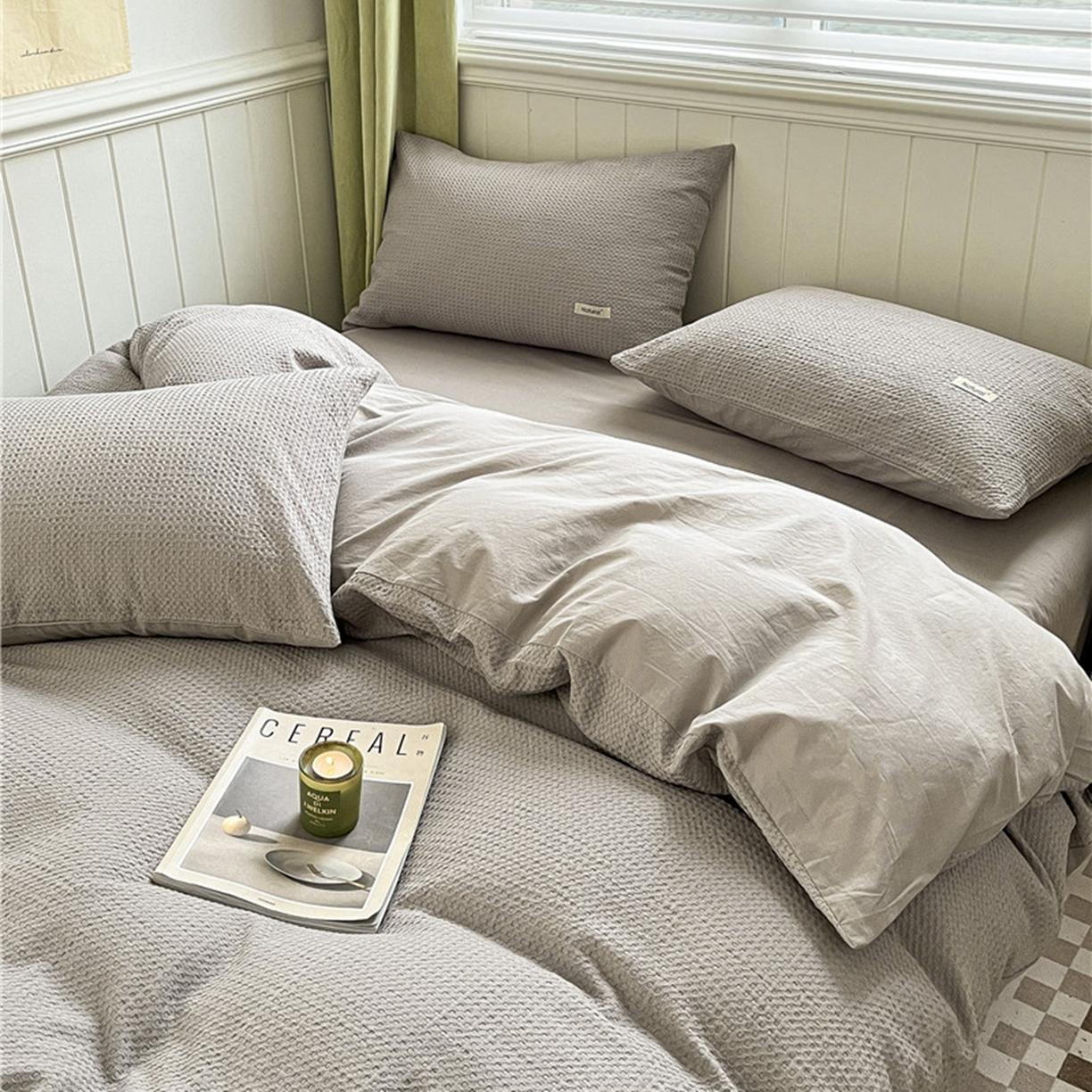 91家纺网 家纺一手货源 找家纺 琪格格纺织 2026新款纯棉纯棉色织肌理纹提花华夫格纯棉轻奢简约款四件套 华夫格-月光灰