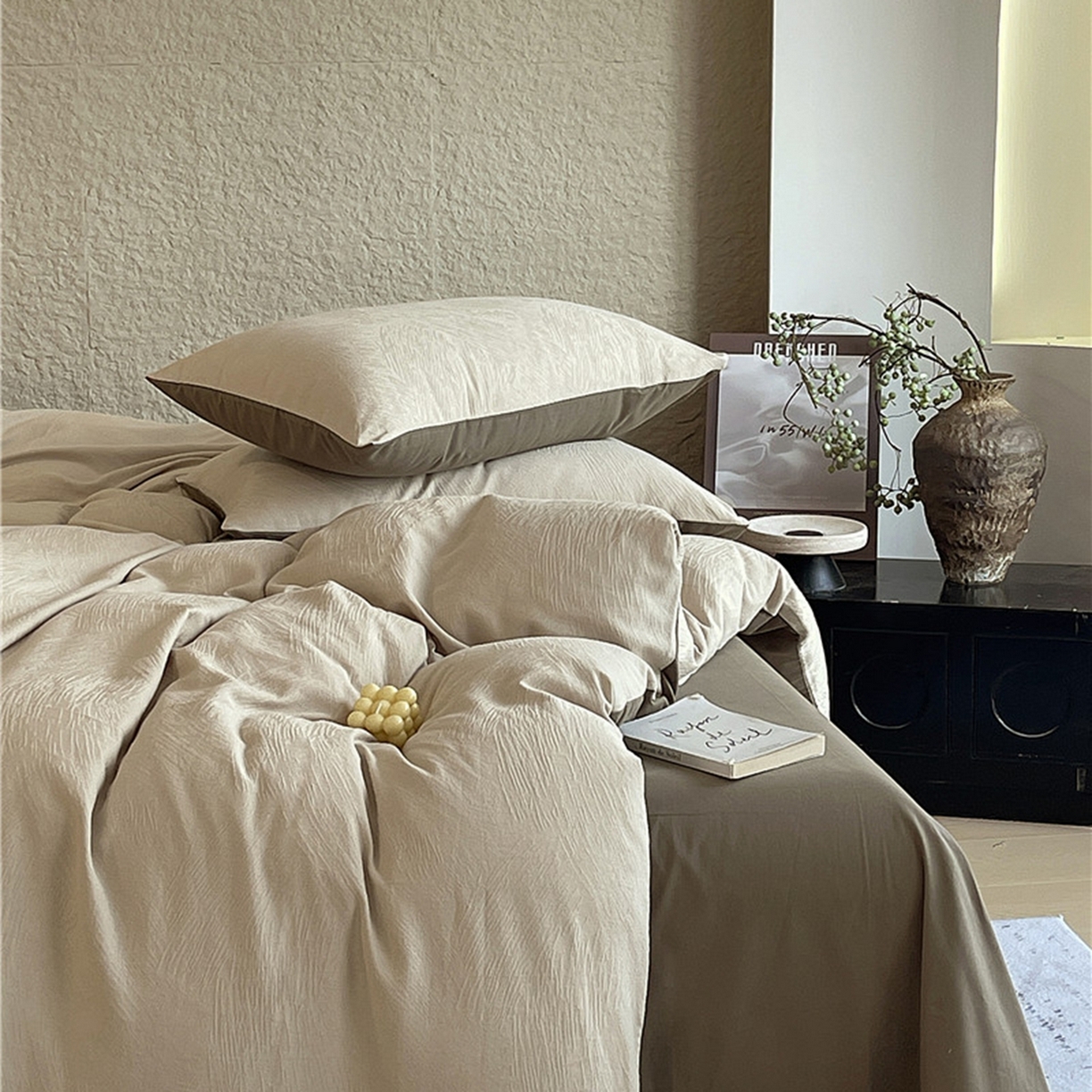 91家纺网 家纺一手货源 找家纺 琪格格纺织 2026新款纯棉纯棉色织肌理纹提花华夫格纯棉轻奢简约款四件套 星岛-可可棕