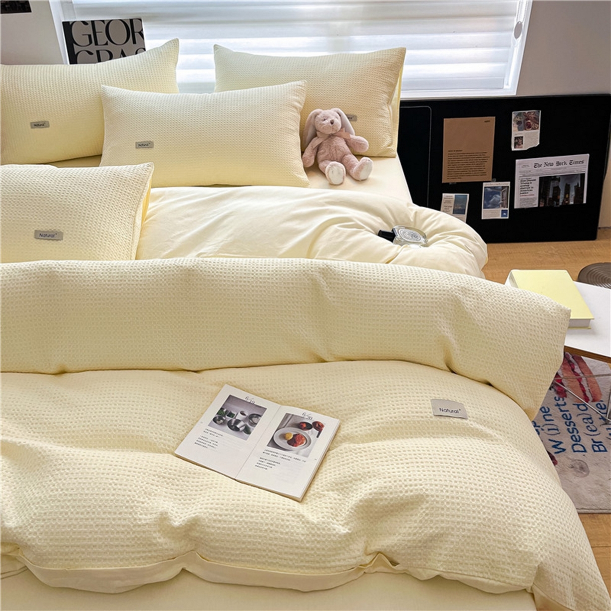 91家纺网 家纺一手货源 找家纺 琪格格纺织 2026新款纯棉纯棉色织肌理纹提花华夫格纯棉轻奢简约款四件套 华夫格-奶昔黄