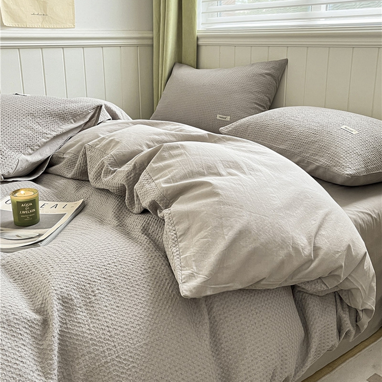 琪格格纺织 2026新款纯棉纯棉色织肌理纹提花华夫格纯棉轻奢简约款四件套 华夫格-月光灰