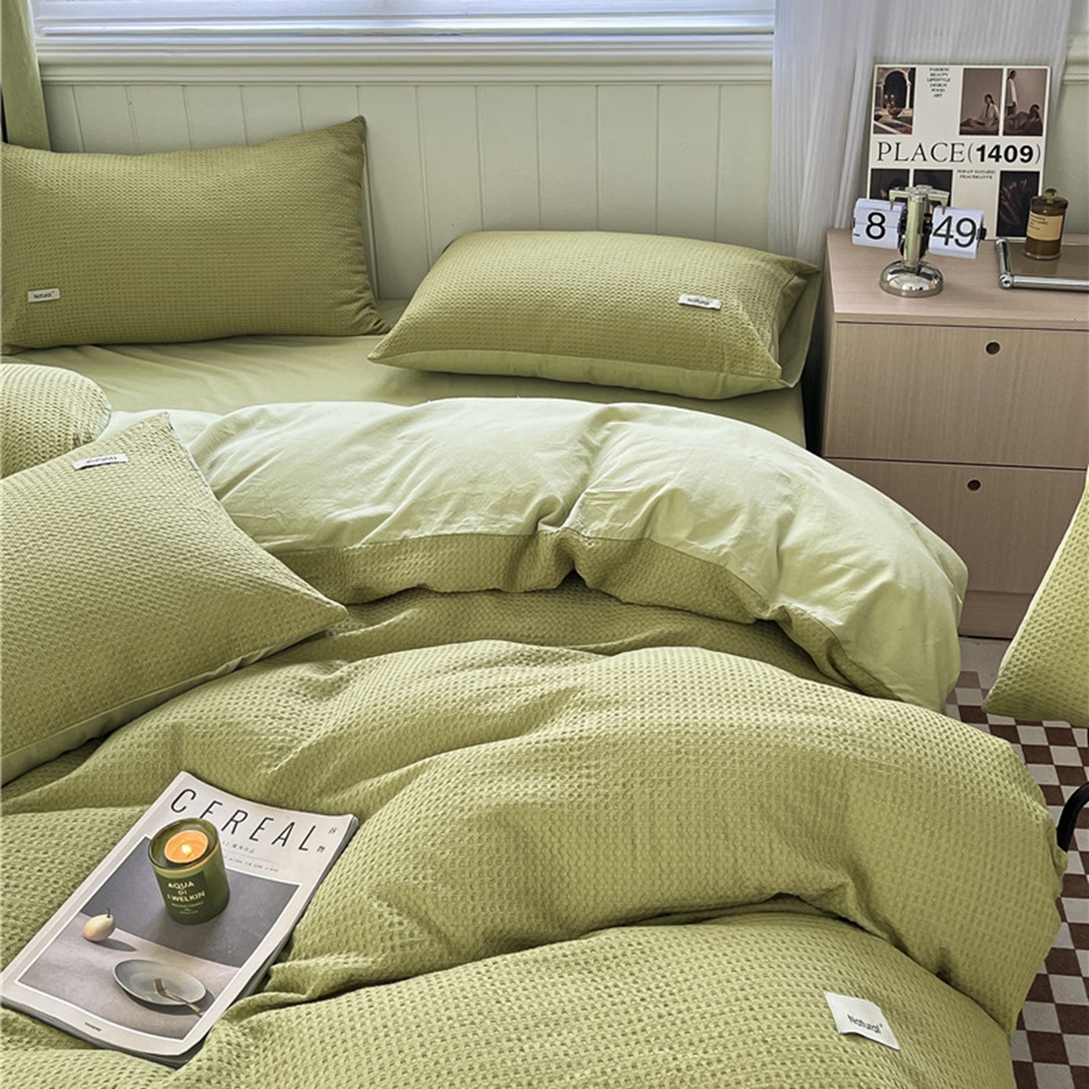 91家纺网 家纺一手货源 找家纺 琪格格纺织 2026新款纯棉纯棉色织肌理纹提花华夫格纯棉轻奢简约款四件套 华夫格-黄绿色