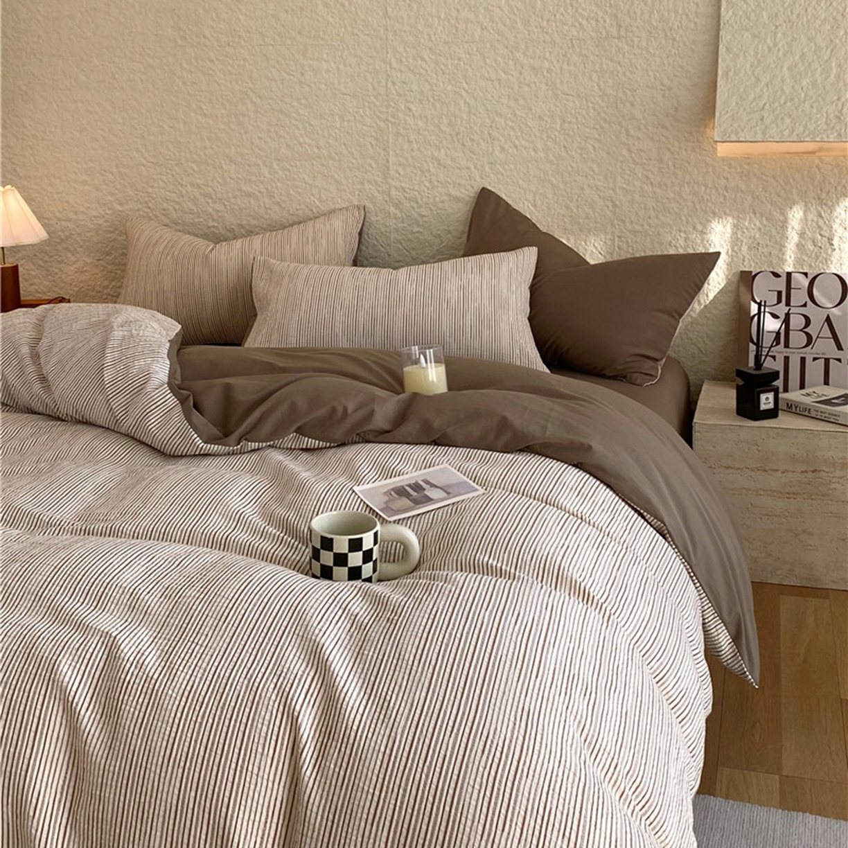 91家纺网 家纺一手货源 找家纺 琪格格纺织 2026新款纯棉纯棉色织肌理纹提花华夫格纯棉轻奢简约款四件套 A速写 提花棕条