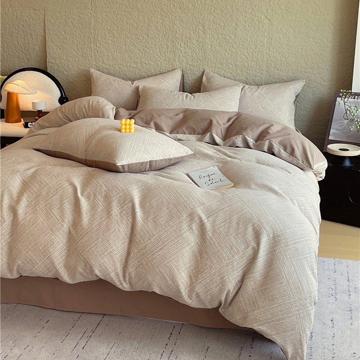 91家纺网 家纺一手货源 找家纺 琪格格纺织 2026新款纯棉纯棉色织肌理纹提花华夫格纯棉轻奢简约款四件套 简奢-可可棕