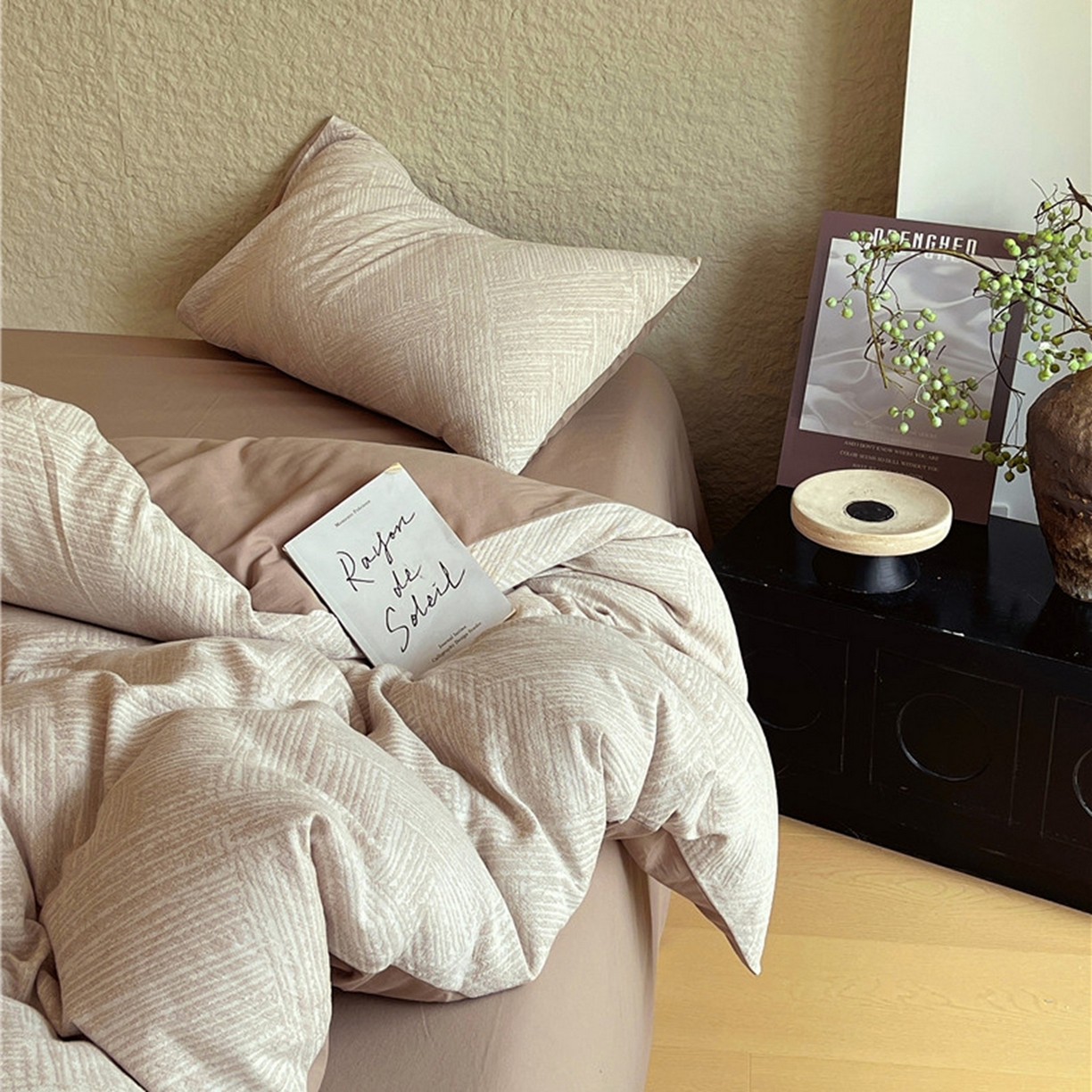 91家纺网 家纺一手货源 找家纺 琪格格纺织 2026新款纯棉纯棉色织肌理纹提花华夫格纯棉轻奢简约款四件套 简奢-可可棕