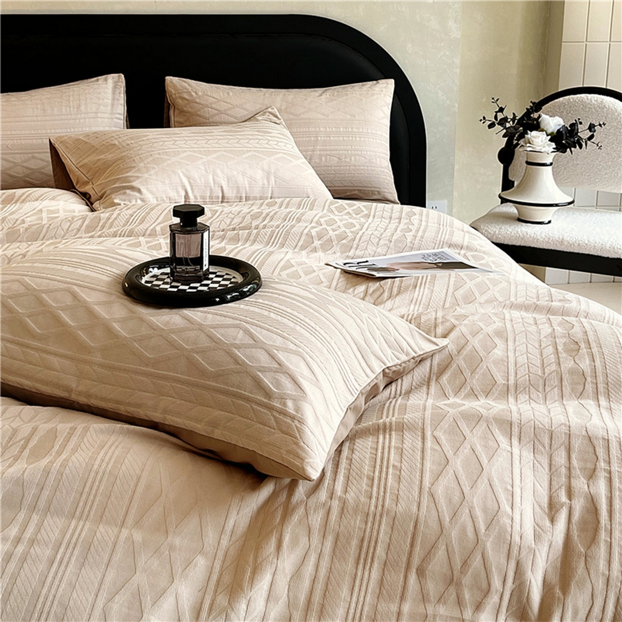 91家纺网 家纺一手货源 找家纺 琪格格纺织 2026新款纯棉纯棉色织肌理纹提花华夫格纯棉轻奢简约款四件套 圣托梵绅-云咖