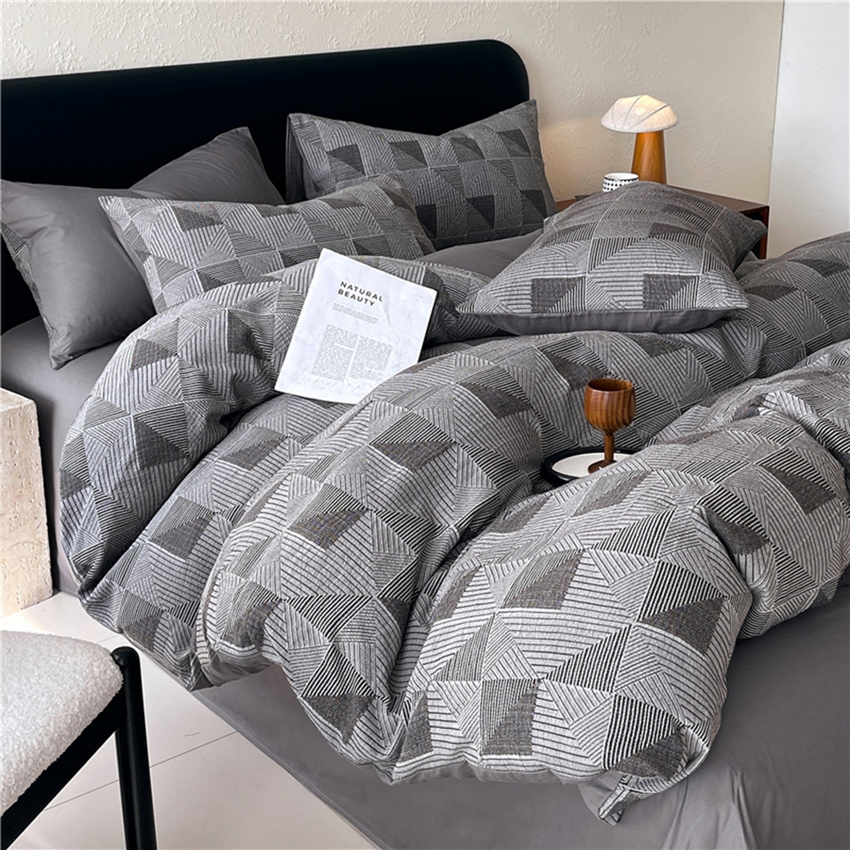 91家纺网 家纺一手货源 找家纺 琪格格纺织 2026新款纯棉纯棉色织肌理纹提花华夫格纯棉轻奢简约款四件套 柏林-炭石灰