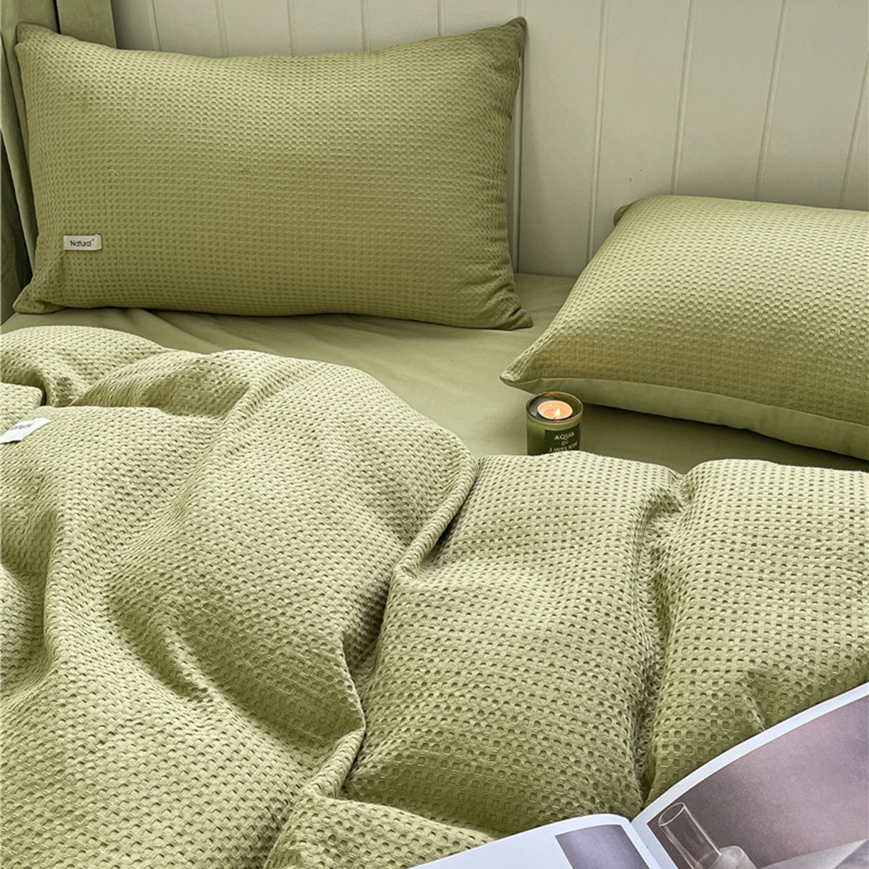 91家纺网 家纺一手货源 找家纺 琪格格纺织 2026新款纯棉纯棉色织肌理纹提花华夫格纯棉轻奢简约款四件套 华夫格-黄绿色