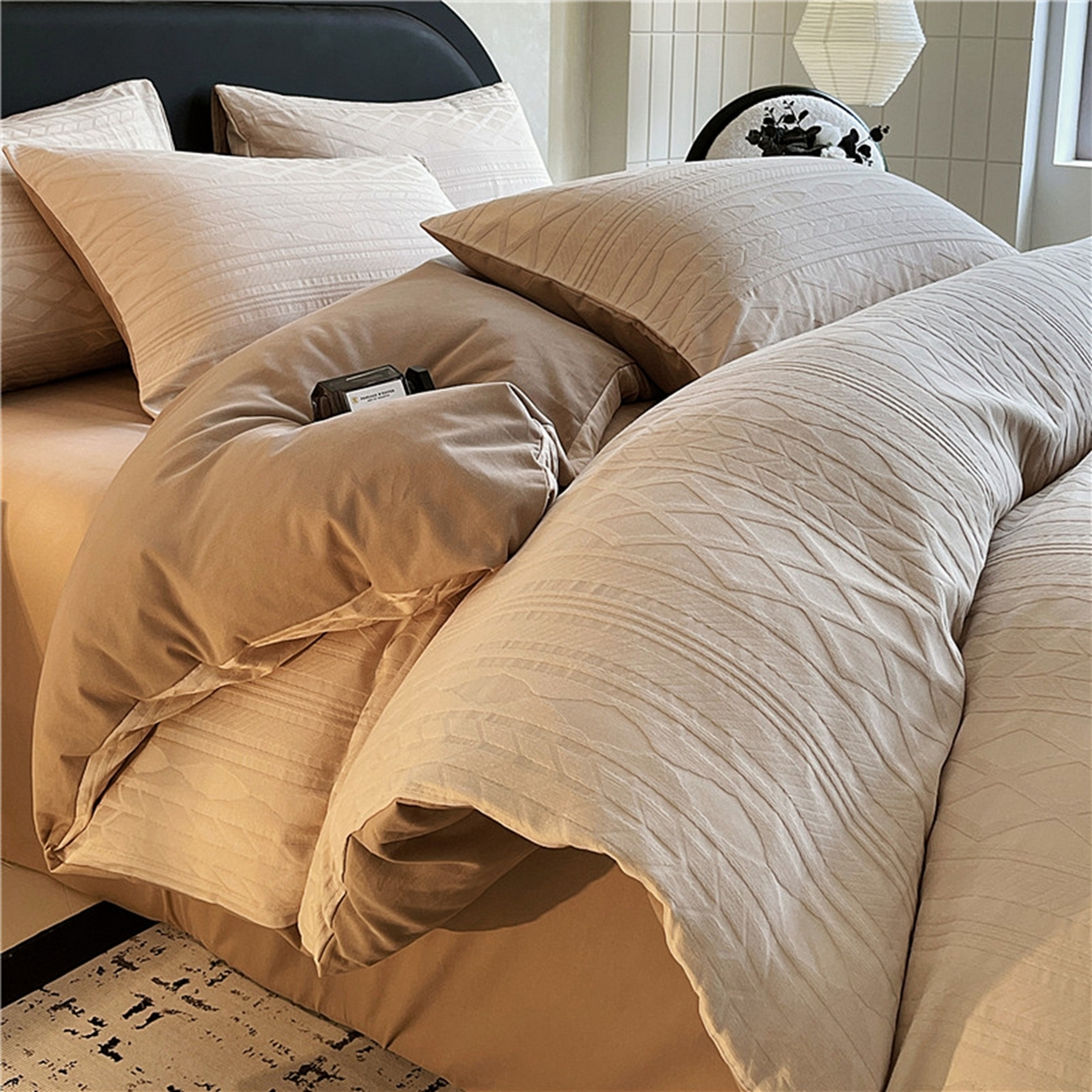 91家纺网 家纺一手货源 找家纺 琪格格纺织 2026新款纯棉纯棉色织肌理纹提花华夫格纯棉轻奢简约款四件套 圣托梵绅-云咖