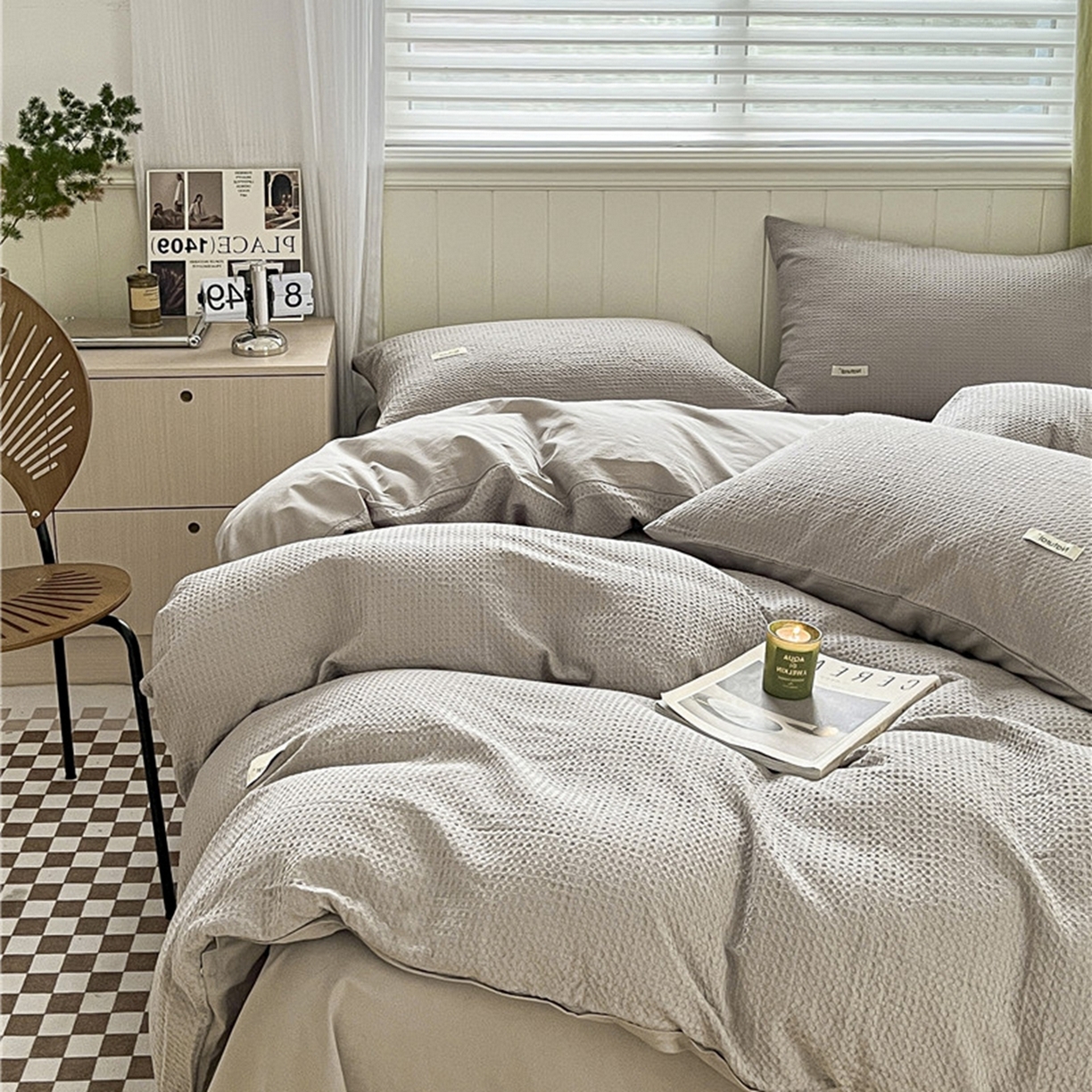 91家纺网 家纺一手货源 找家纺 琪格格纺织 2026新款纯棉纯棉色织肌理纹提花华夫格纯棉轻奢简约款四件套 华夫格-月光灰