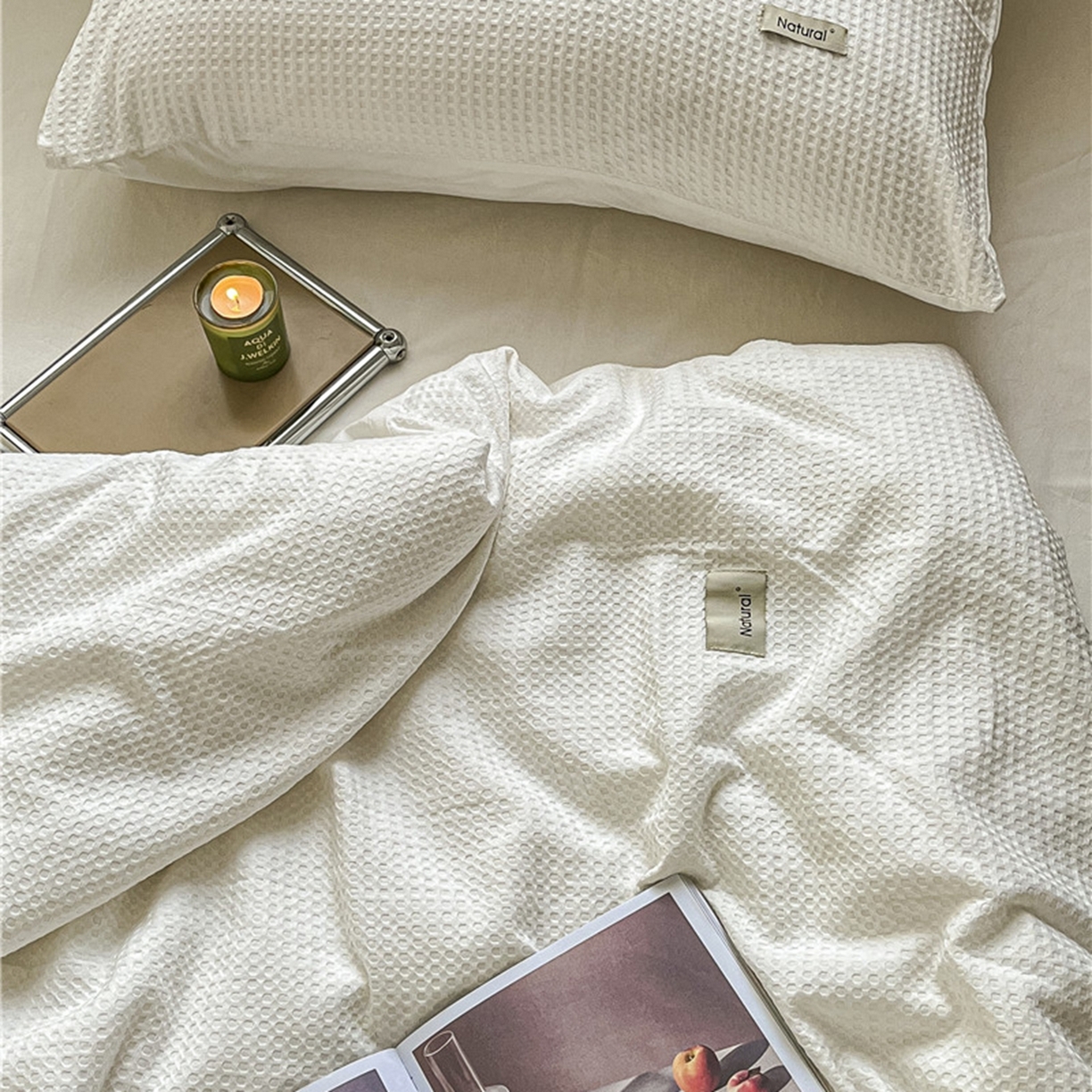 91家纺网 家纺一手货源 找家纺 琪格格纺织 2026新款纯棉纯棉色织肌理纹提花华夫格纯棉轻奢简约款四件套 华夫格-本白