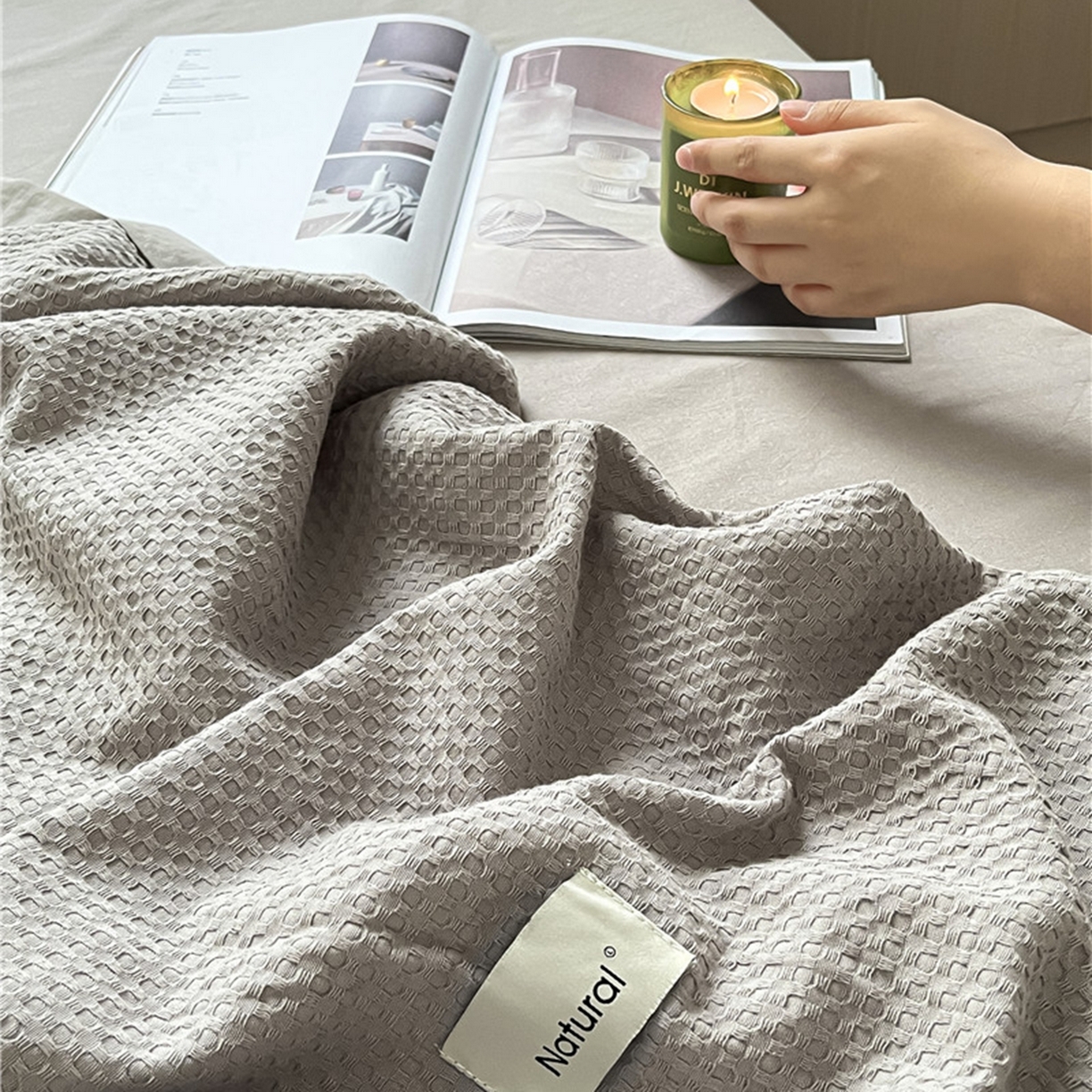 91家纺网 家纺一手货源 找家纺 琪格格纺织 2026新款纯棉纯棉色织肌理纹提花华夫格纯棉轻奢简约款四件套 华夫格-月光灰