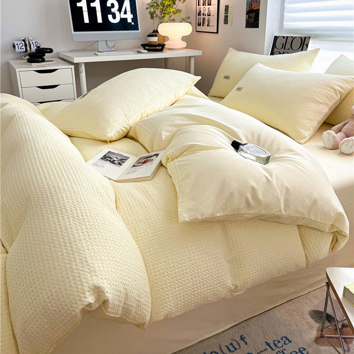 91家纺网 家纺一手货源 找家纺 琪格格纺织 2026新款纯棉纯棉色织肌理纹提花华夫格纯棉轻奢简约款四件套 华夫格-奶昔黄