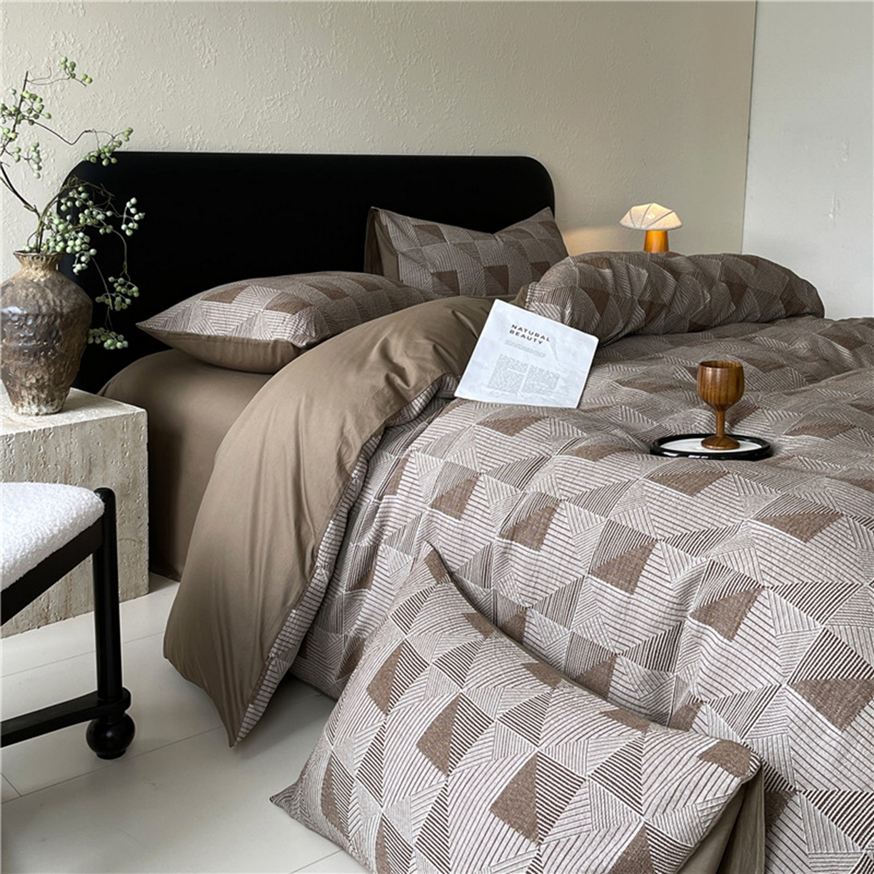 91家纺网 家纺一手货源 找家纺 琪格格纺织 2026新款纯棉纯棉色织肌理纹提花华夫格纯棉轻奢简约款四件套 柏林-雪茄棕