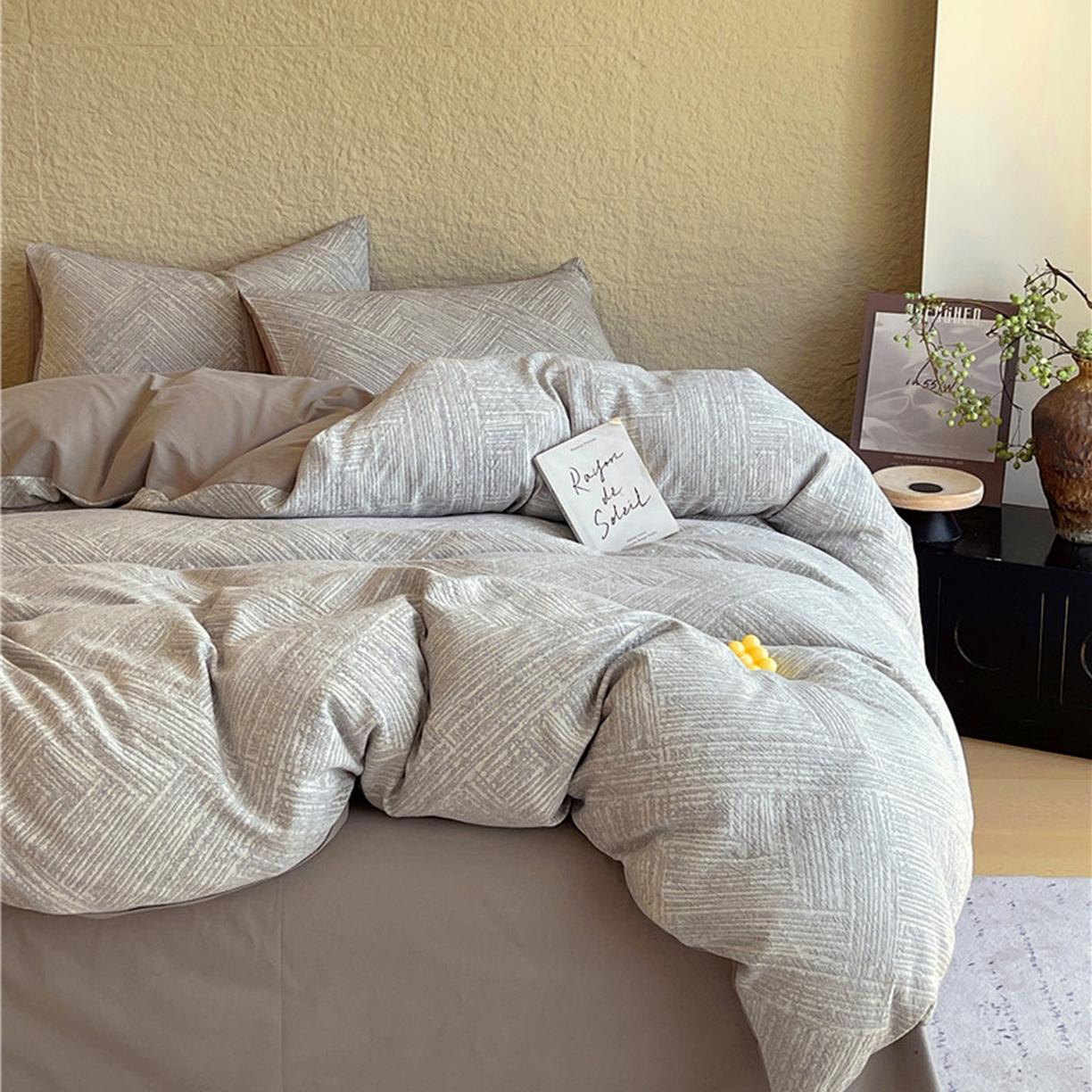 91家纺网 家纺一手货源 找家纺 琪格格纺织 2026新款纯棉纯棉色织肌理纹提花华夫格纯棉轻奢简约款四件套 简奢-浅灰