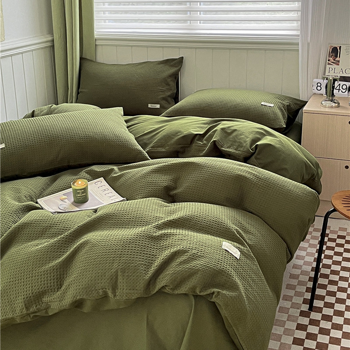 91家纺网 家纺一手货源 找家纺 琪格格纺织 2026新款纯棉纯棉色织肌理纹提花华夫格纯棉轻奢简约款四件套 华夫格-橄榄绿